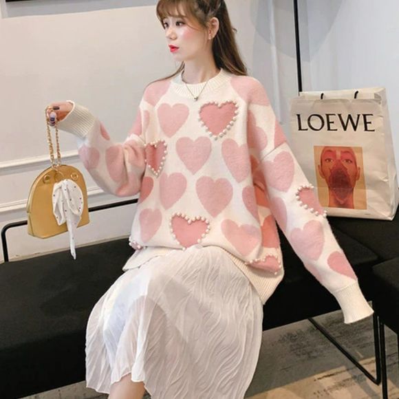 Pearl Beaded Heart Knit Turtleneck Sweater Pullover Women Top - Picture 2 of 10